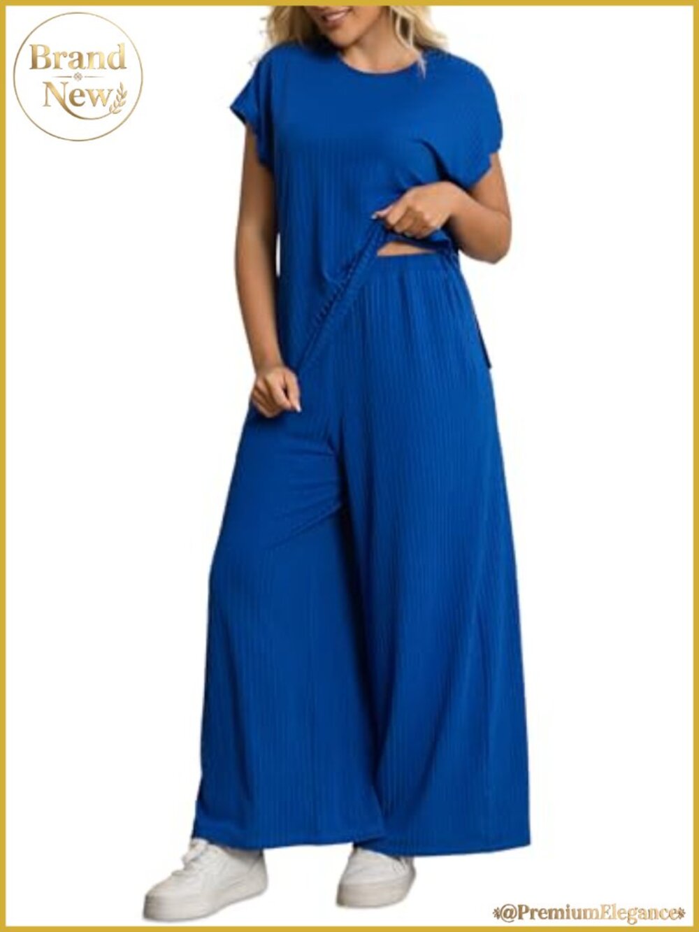 Women's Plus Size 2 Piece Ribbed Knit Lounge Set Cap Sleeve Top Wide Leg Pants